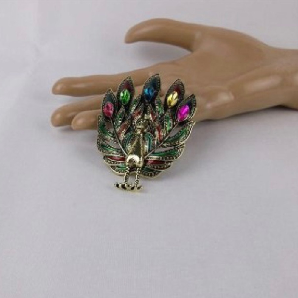 Enameled Rhinestone Peacock Brooch - Picture 3 of 6